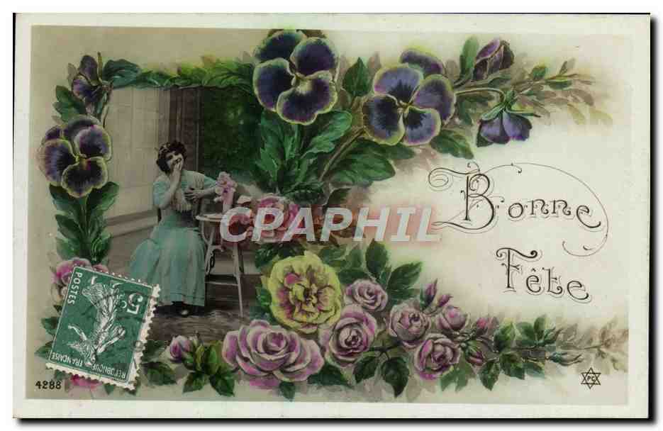 Femme assise parmi des fleurs — Bonne Fête — éditeur non visible