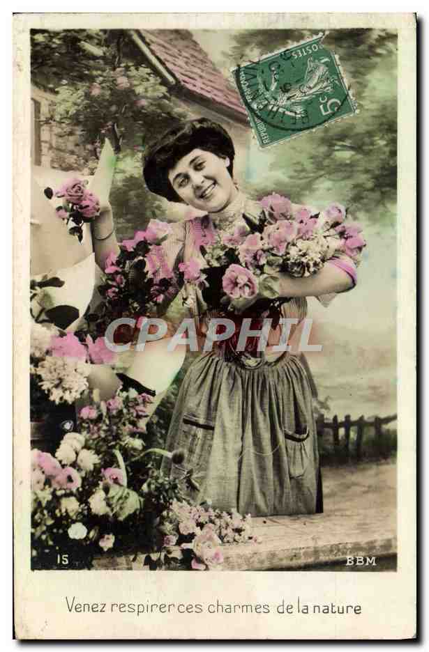 Femme avec bouquets de fleurs — éditeur BBM, n°15