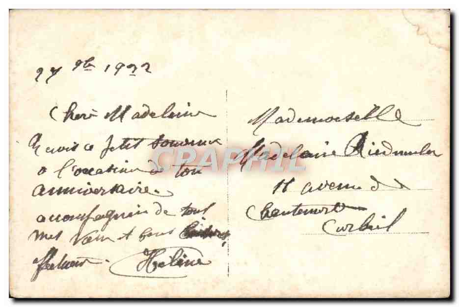 Felicidades de cumpleaños — joven mujer en vestido azul claro sosteniendo un ramo — editor Furia, n° 17873 — Reverso