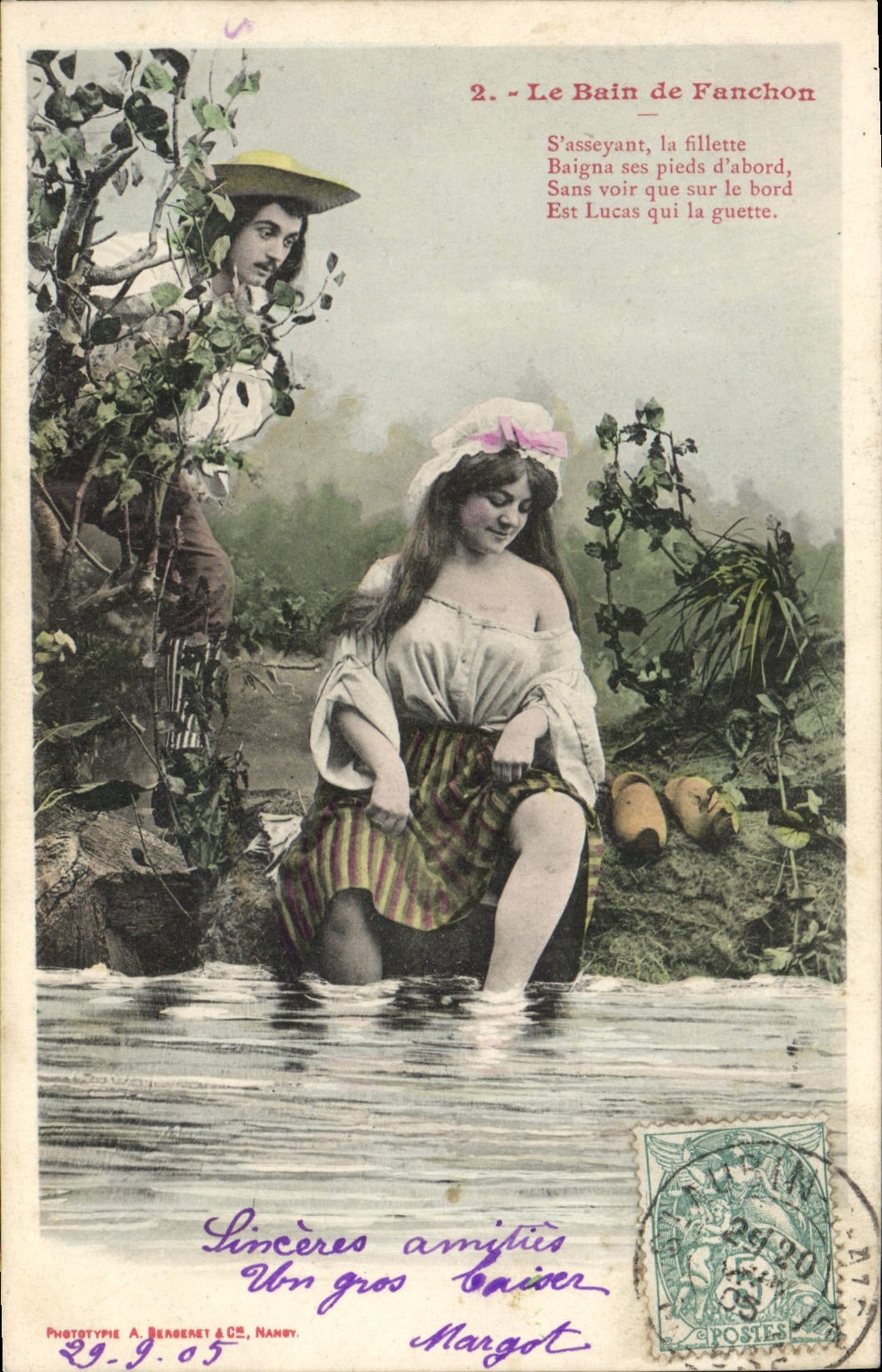 Le Bain de Fanchon — scène de bain avec poème — Phototypie A. Bengeret & Cie, Nancy