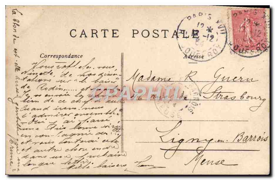 Vintage Postcard Rodin The Kiss — Back