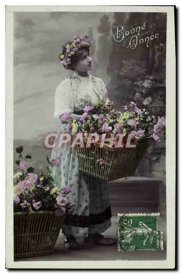 Jeune femme en fleurs — Bonne Année — éditeur non visible