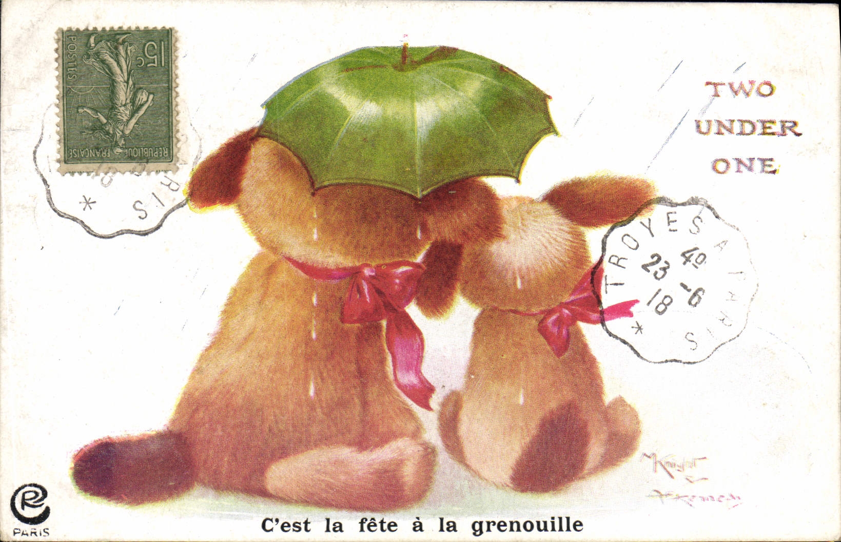 Deux chiots sous un parapluie — C'est la fête à la grenouille — éditeur C.W. Faulkner & Co, série 12