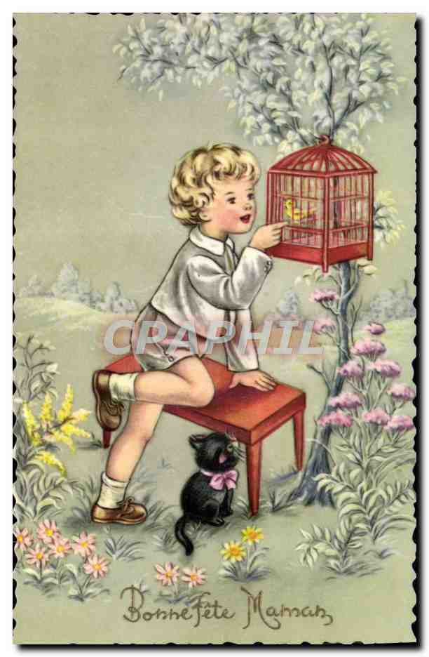 CPA Fantaisie Enfant Chat Chaton Oiseau 