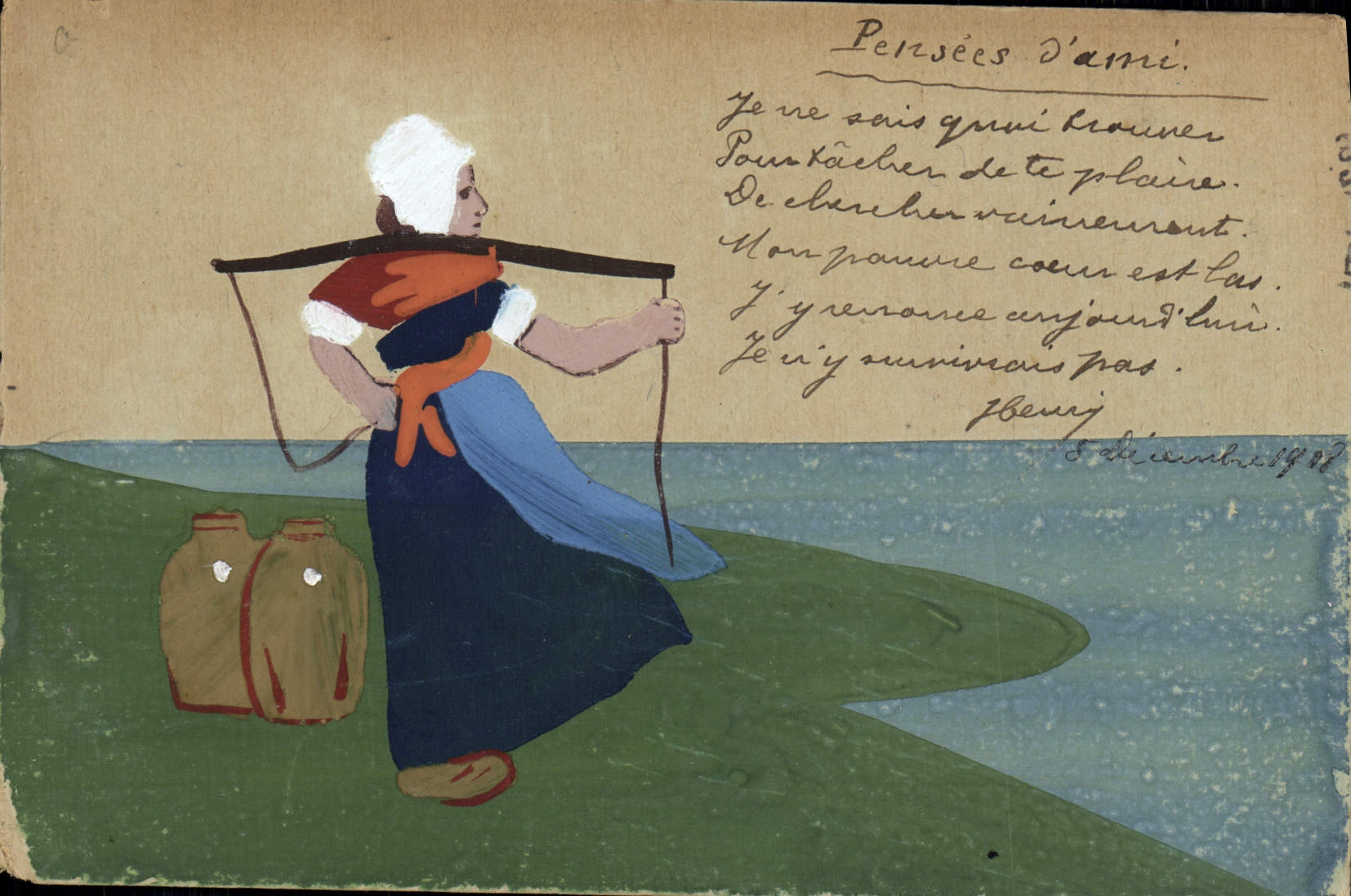 CPA Fantaisie Femme Pensees d'ami (peint a la main)