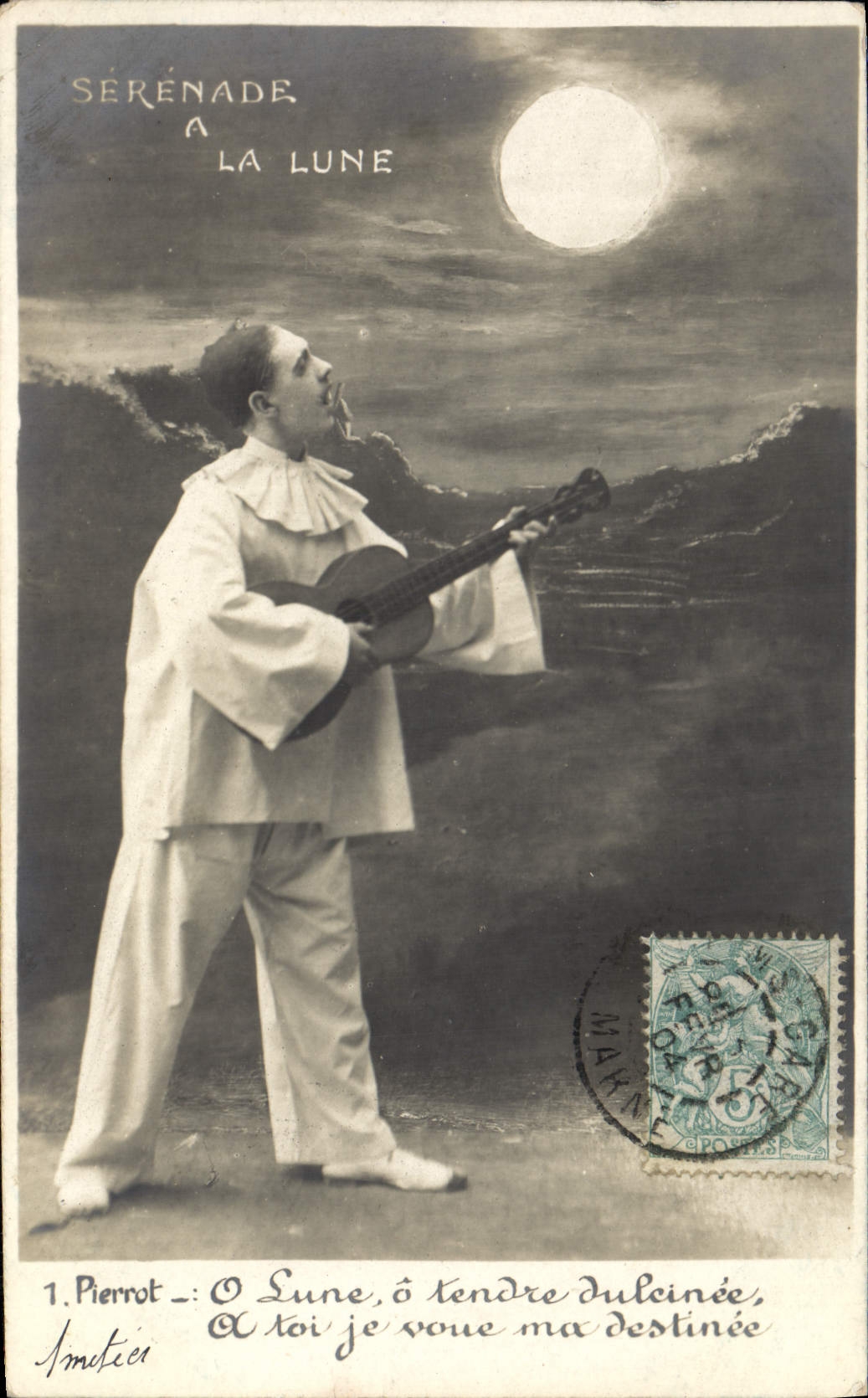 Sérénade à la Lune — Pierrot jouant de la guitare sous la lune — éditeur Simetier, n°1