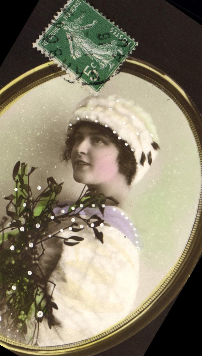 Jeune femme en chapeau fourré — portrait encadré — timbre 5c bleu France