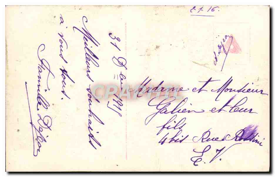 Jeune femme en chapeau fourré — portrait encadré — timbre 5c bleu France — Verso