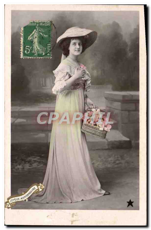Junge Frau in langer Robe und Hut — hält einen Blumenkorb — Verlag VBC Serie N. 3668