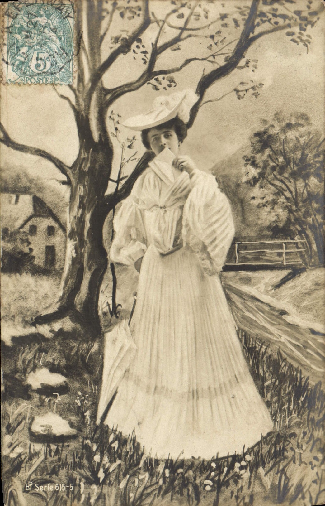 Femme en robe blanche sous un arbre — Série 616-5 — Éditeur Postese