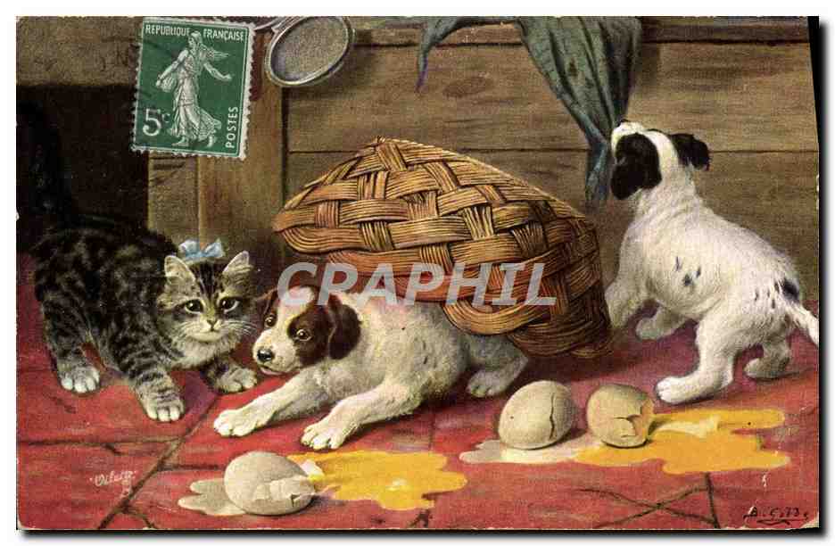 CPA Fantaisie Chat Chaton Chien Chiens