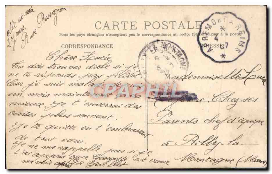 Femme en robe rose tenant des fleurs — Bonne Fête — M.P. n°713 — Reverso