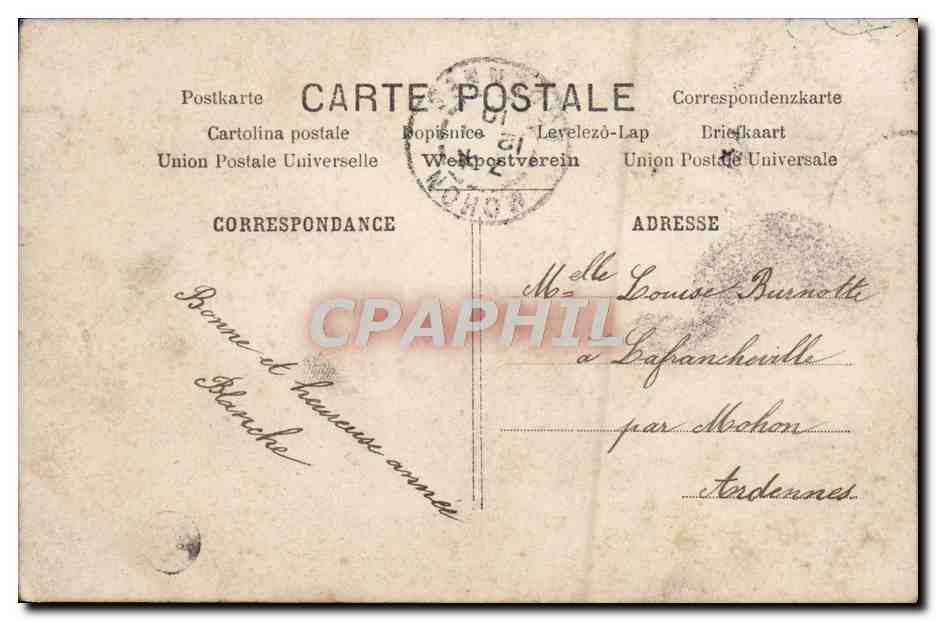 Femme en robe lilas tenant un bouquet de roses — M.F. Paris — n°340 — Verso