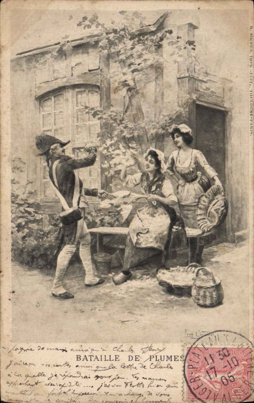 Bataille de Plumes — scène de cour à la campagne — B. SIKVEN IMPR. ÉDIT. TOULOUSE-PARIS