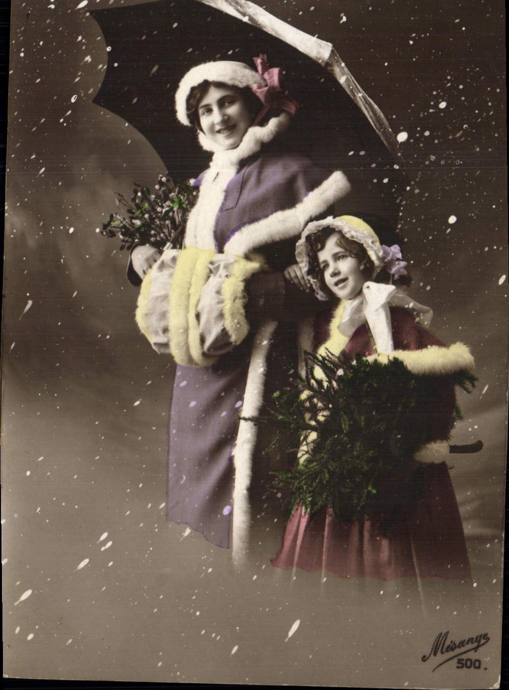 Femme et enfant sous la neige — scène hivernale — Miséange, n° 500