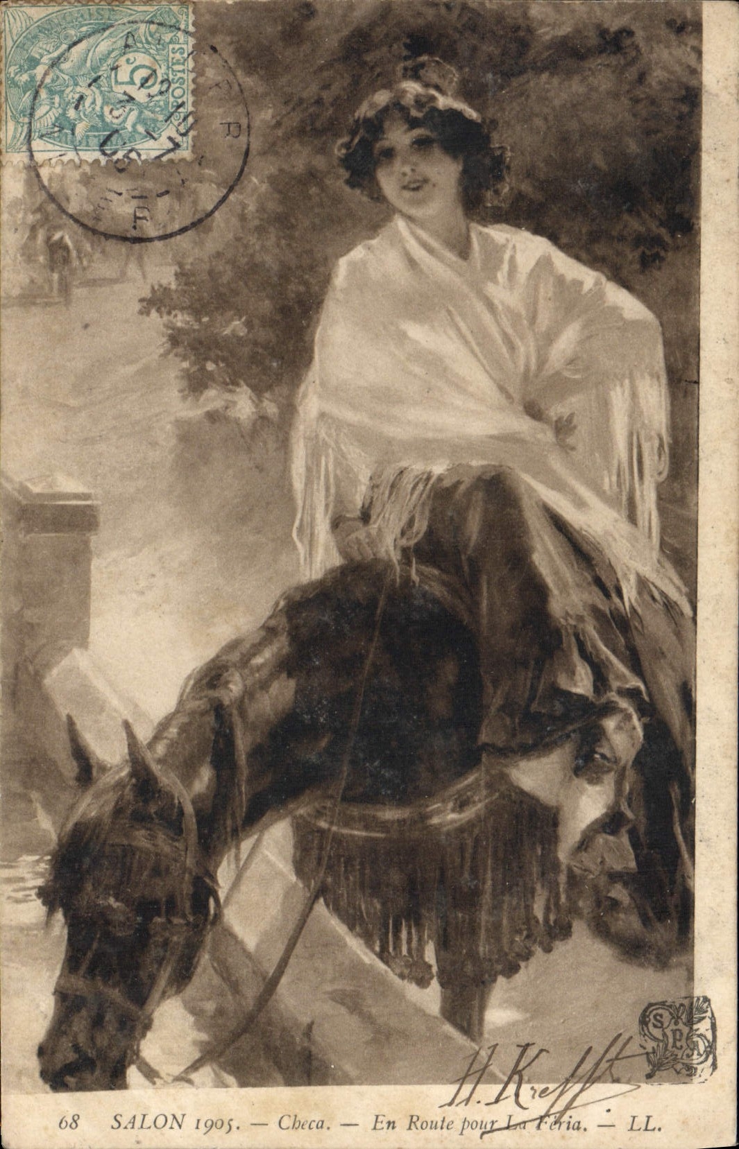 CPA Fantaisie Femme Salon 1905 Checa En route pour la Feria Cheval