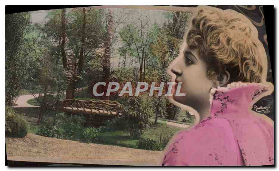 Jeune femme en robe rose — jardin avec pont en bois — éditeur Rindling, Paris, n° S.12