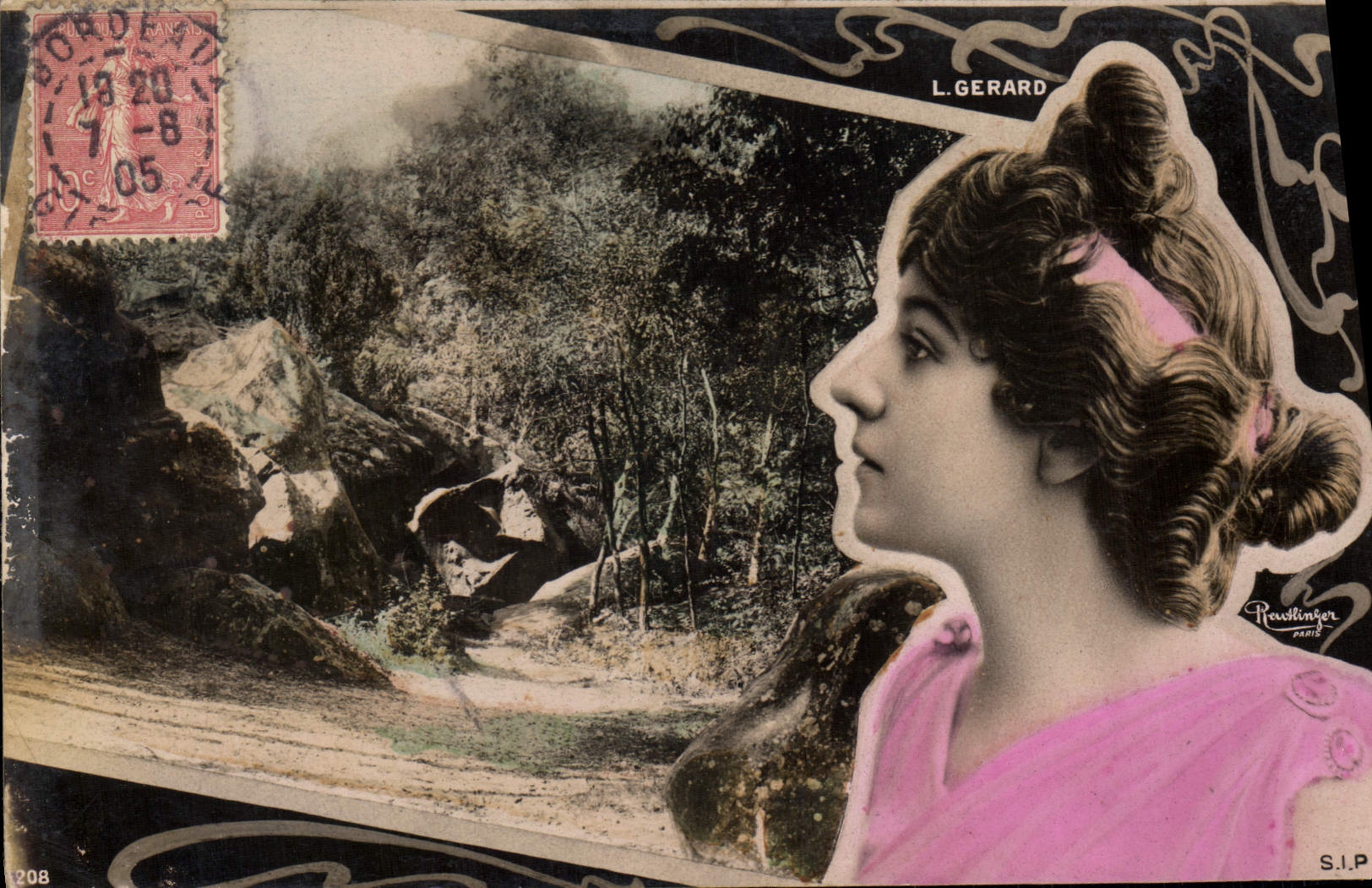 Femme en robe rose — paysage de forêt et rochers — éditeur Rawllinger, Paris, n°208