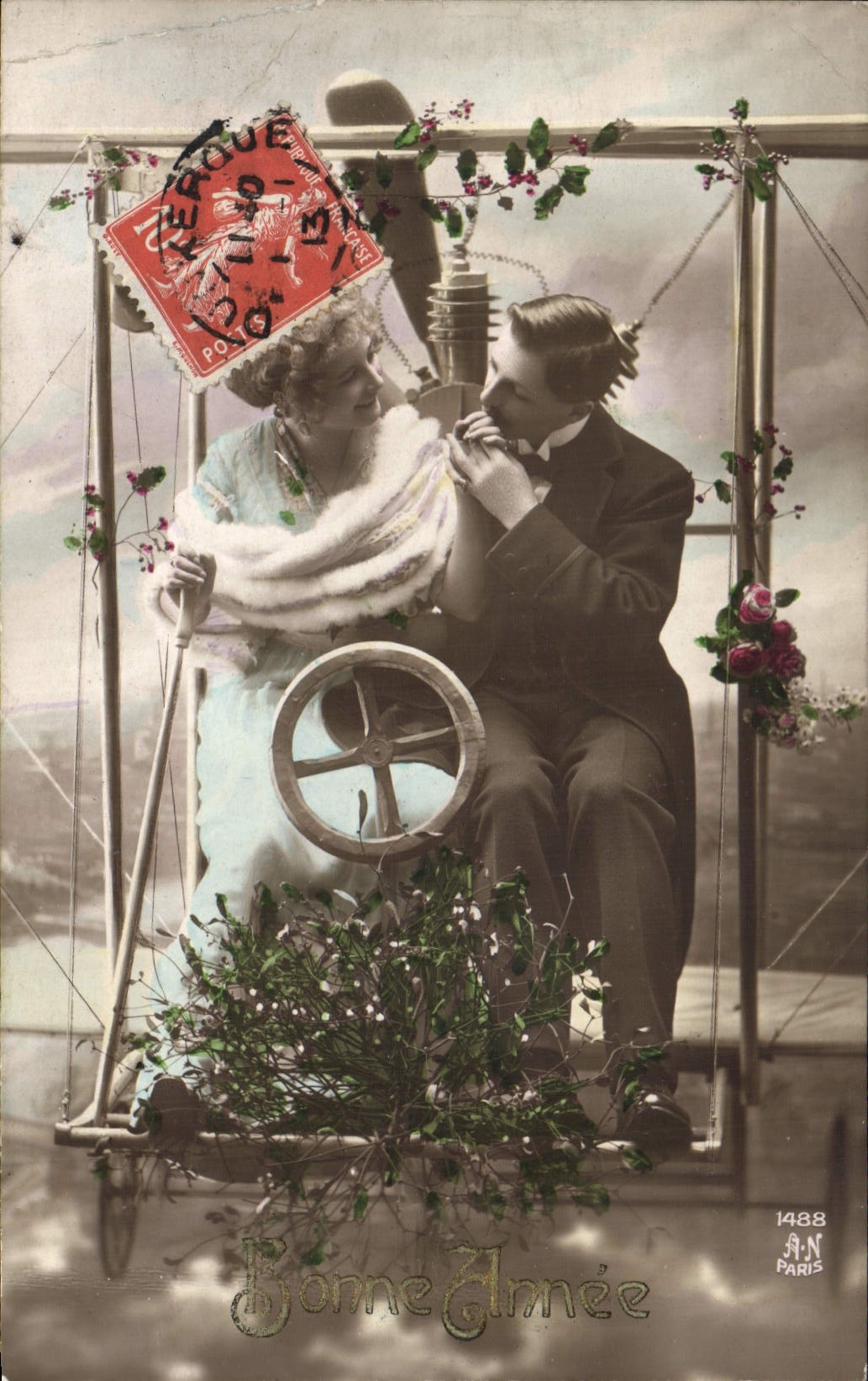 Couples en avion — décor floral — A.N. Paris n°1488