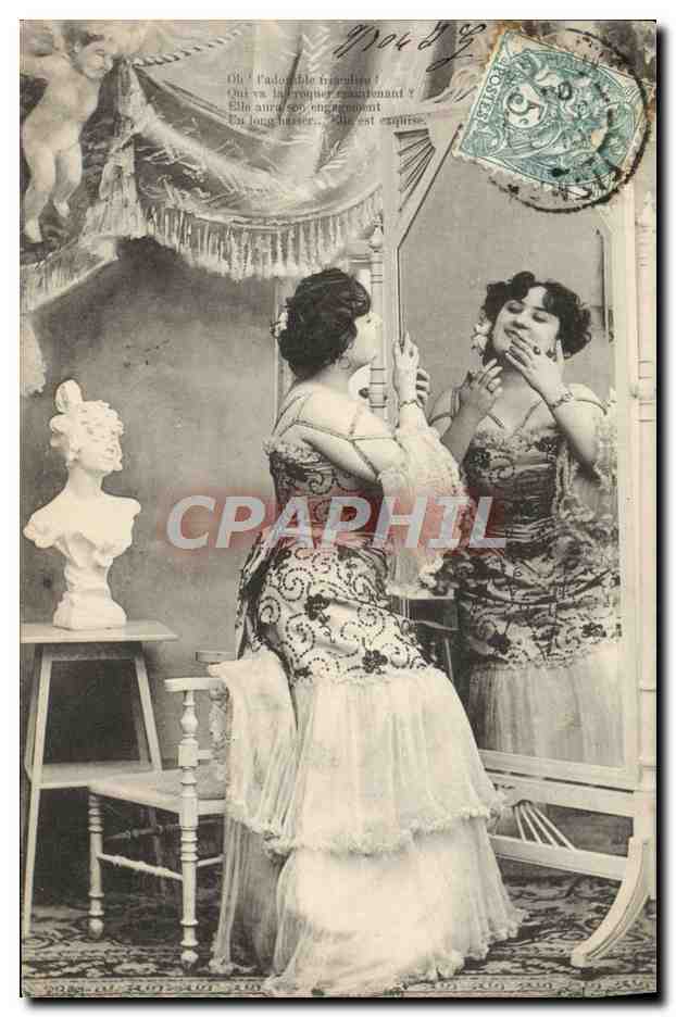 Femme devant un miroir — scène de décoration intérieure — éditeur non identifié
