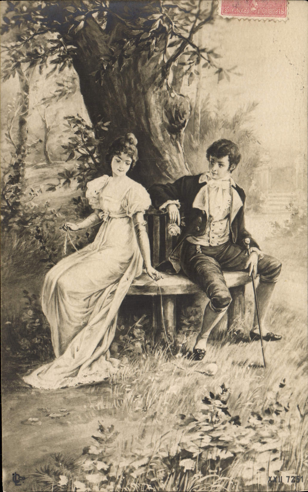 Jeune couple sous un arbre — scène romantique — éditeur XXII 7251