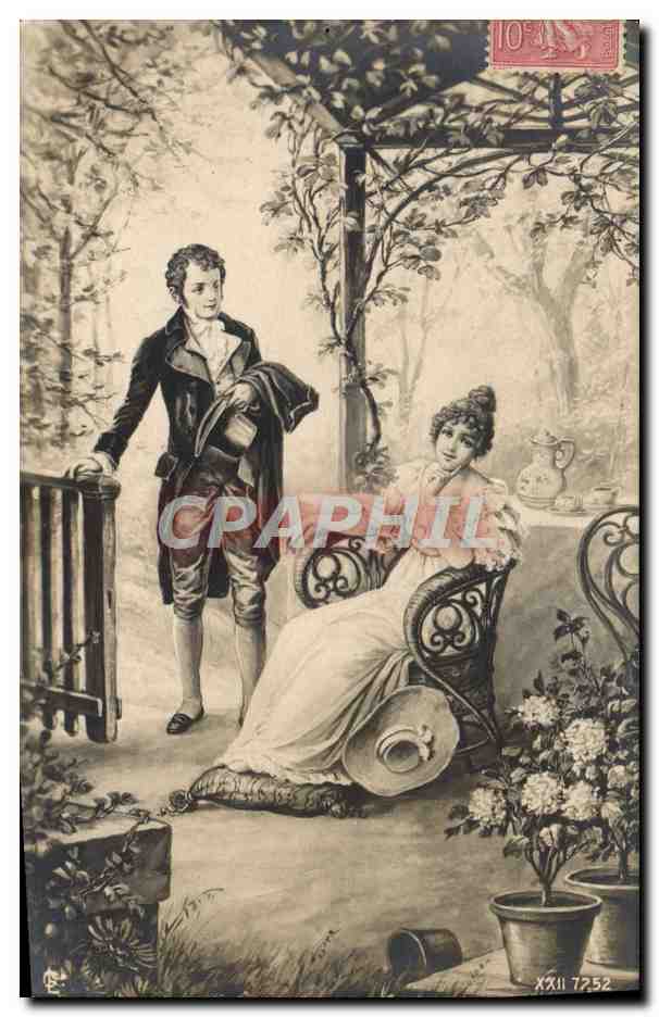 Jeune homme et jeune femme dans un jardin — scène romantique — éditeur XXII 7252