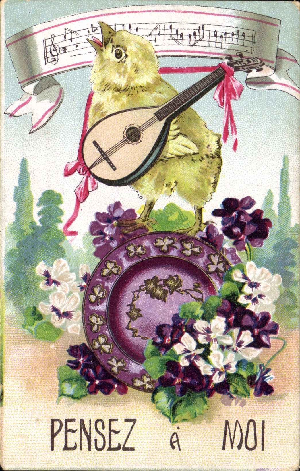 CPA Fantaisie Fleurs Poussin Guitare