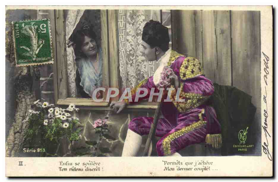 Jeune femme à la fenêtre — jeune homme en costume de torero — Éditeurs Art, Paris, Série 853