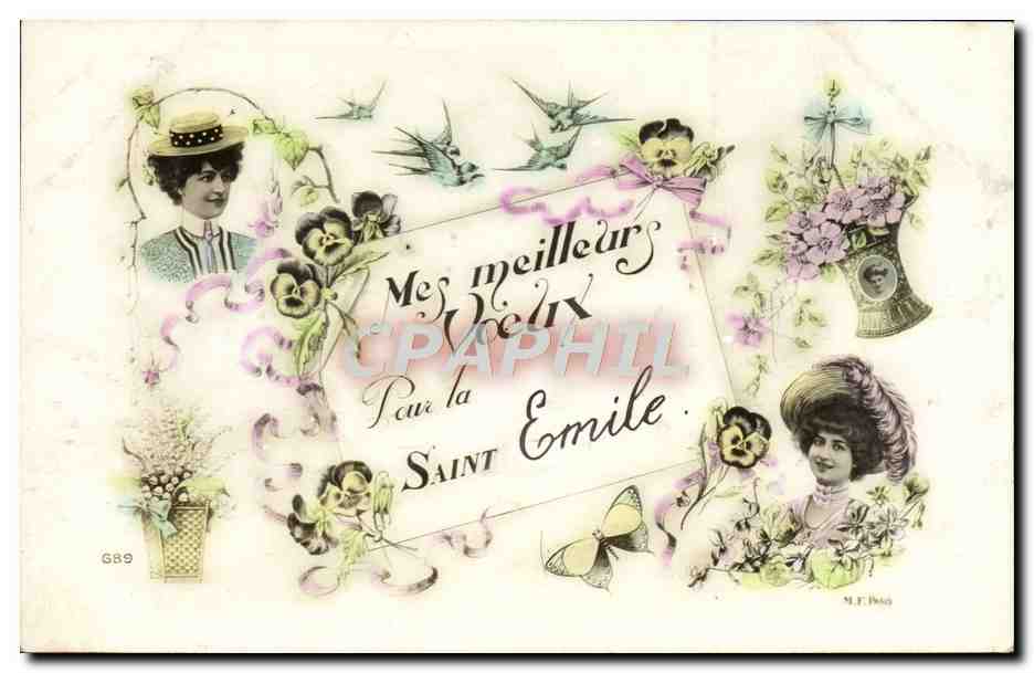 Tarjeta postal de felicitaciones — 'Mis mejores deseos para la Santa Emile' — M.F. Pabos, n° G89