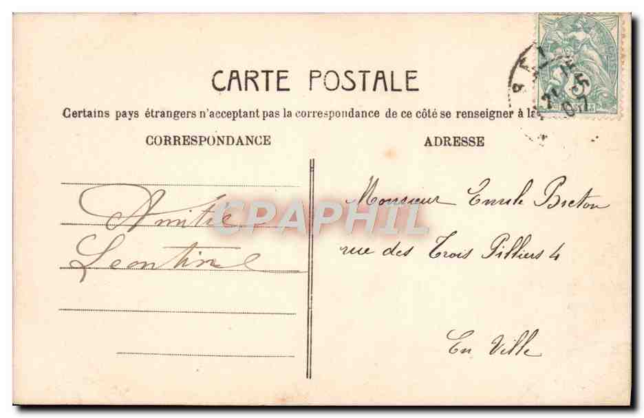 Tarjeta postal de felicitaciones — 'Mis mejores deseos para la Santa Emile' — M.F. Pabos, n° G89 — Reverso
