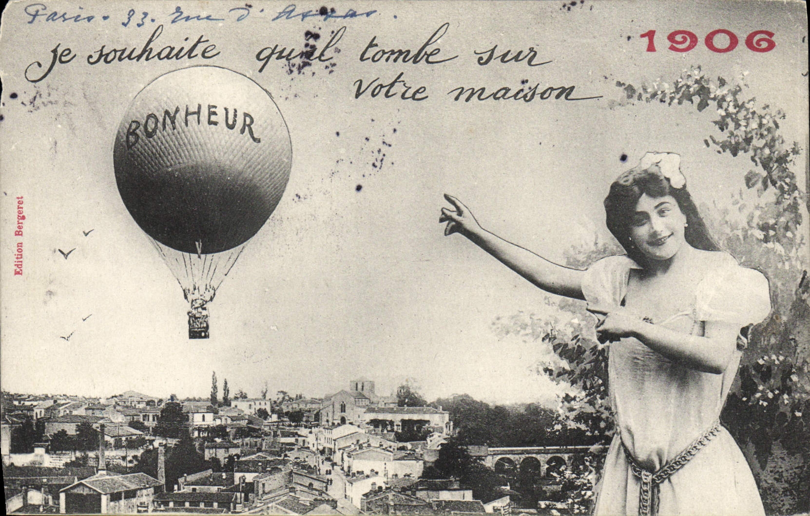 Heißluftballon mit Aufschrift 'BONHEUR' — Paris, Bergeret Edition, Nr. 33, rue d'Assas — 1906