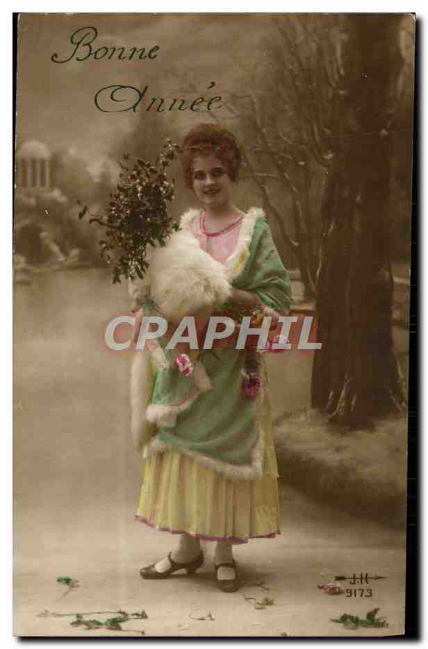 Femme en robe colorée tenant un buisson de gui — Bonne Année — J.K. 9173