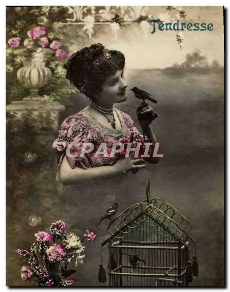 Joven mujer con pájaros — Jendresse — editor desconocido