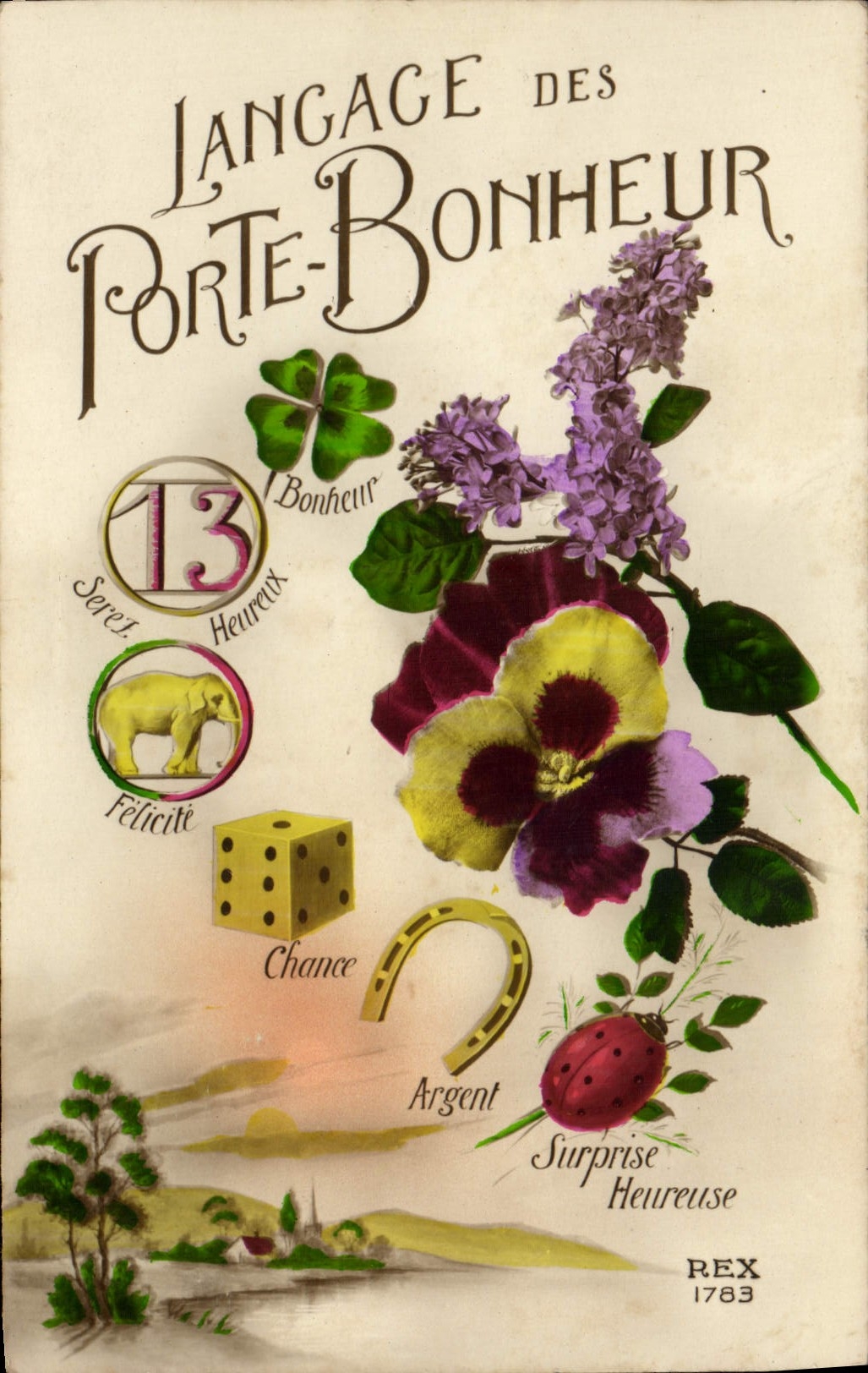 CPA Fantaisie Langage des Porte Bonheur Fleurs Elephant Fer a cheval Trefle De Coccinelle