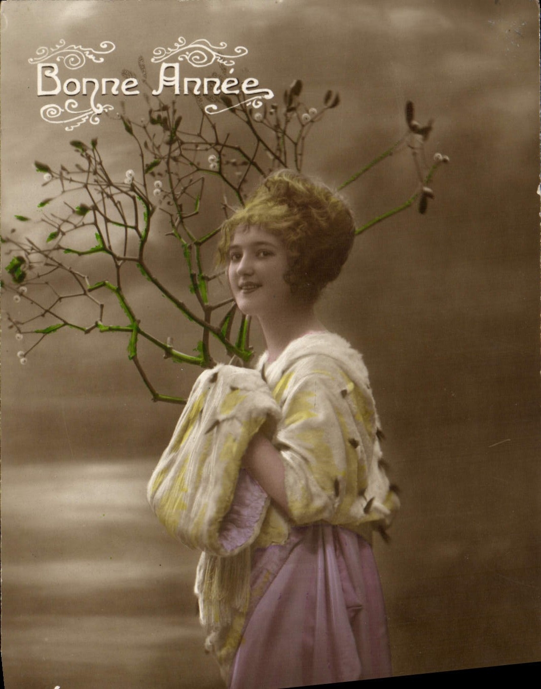 Young woman holding a bouquet of branches — Happy New Year — Christmas postcard