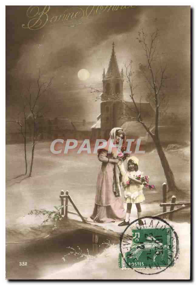 Femme et enfant avec bouquet — scène nocturne avec église — éditeur Chailly, n° 332