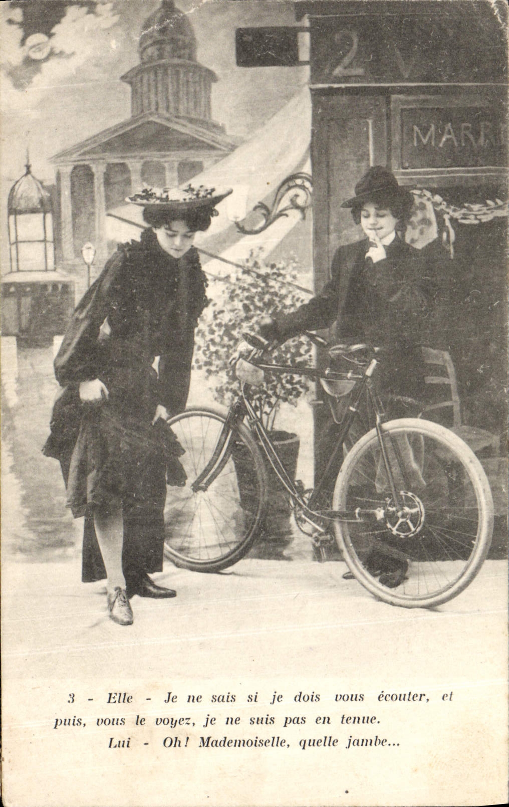 Deux jeunes femmes avec vélo — scène comique — éditeur non identifié