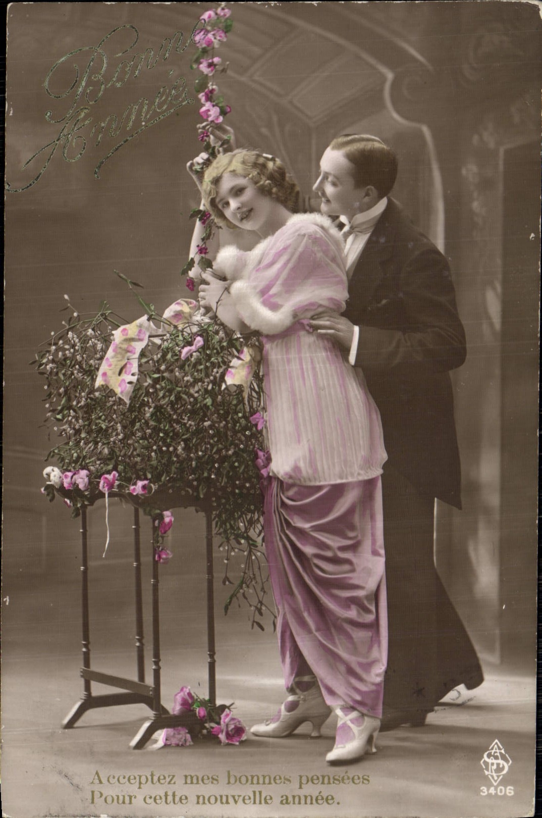 Couple en tenue de soirée — Nouvel An — Éditeur A. P. n° 3406