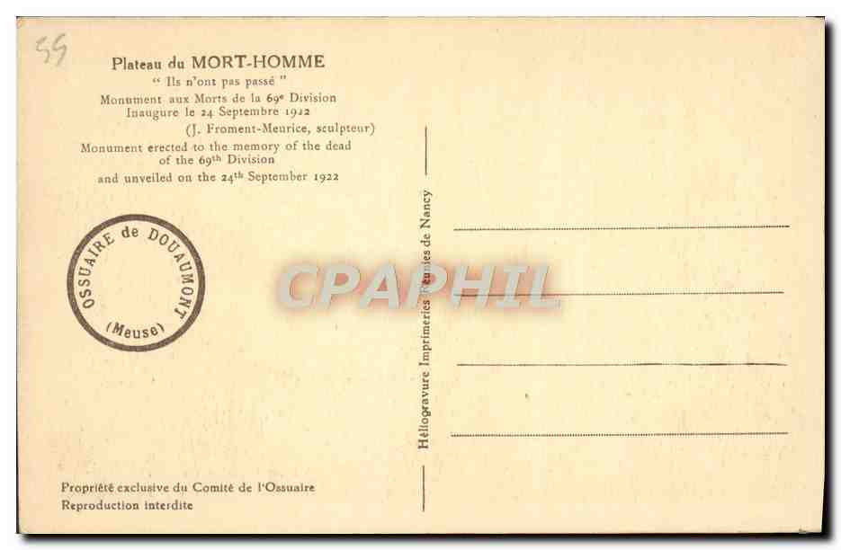 CPA Plateau du Mort Homme Militaria — Rückseite