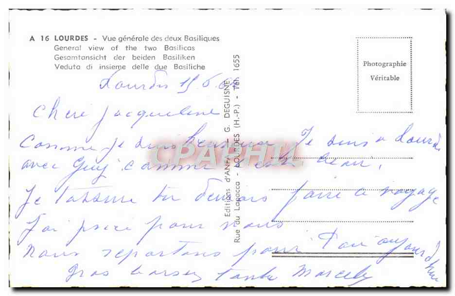 CPM Lourdes Vue Generale des Deux Basiliques — Verso