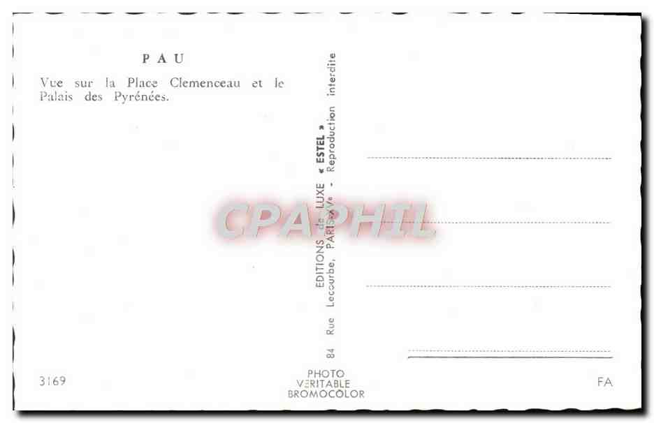 Pau — Vue sur la Place Clemenceau et le Palais des Pyrénées — Éditions Estel — Rückseite