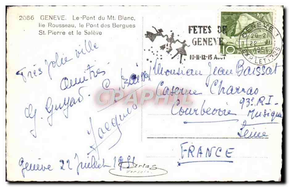 CPM Geneve Le Pont du Mt Blanc Ile Rousseau Le pont des Bergues St Pierre et le Saleve  — Verso