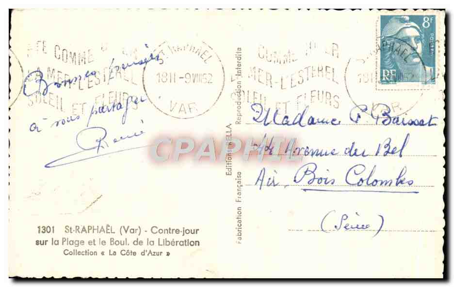 Saint-Raphaël — Plage et boulevard de la Libération — Édition Rella, n° 1301 — Verso