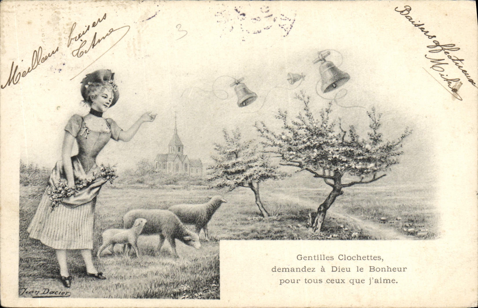CPA Gentilles Clochettes Femme Agneau 