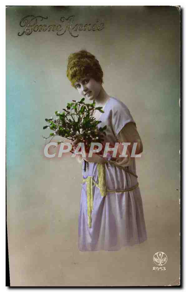 Jeune femme tenant un bouquet — Bonne Année — A. NOYER 2953