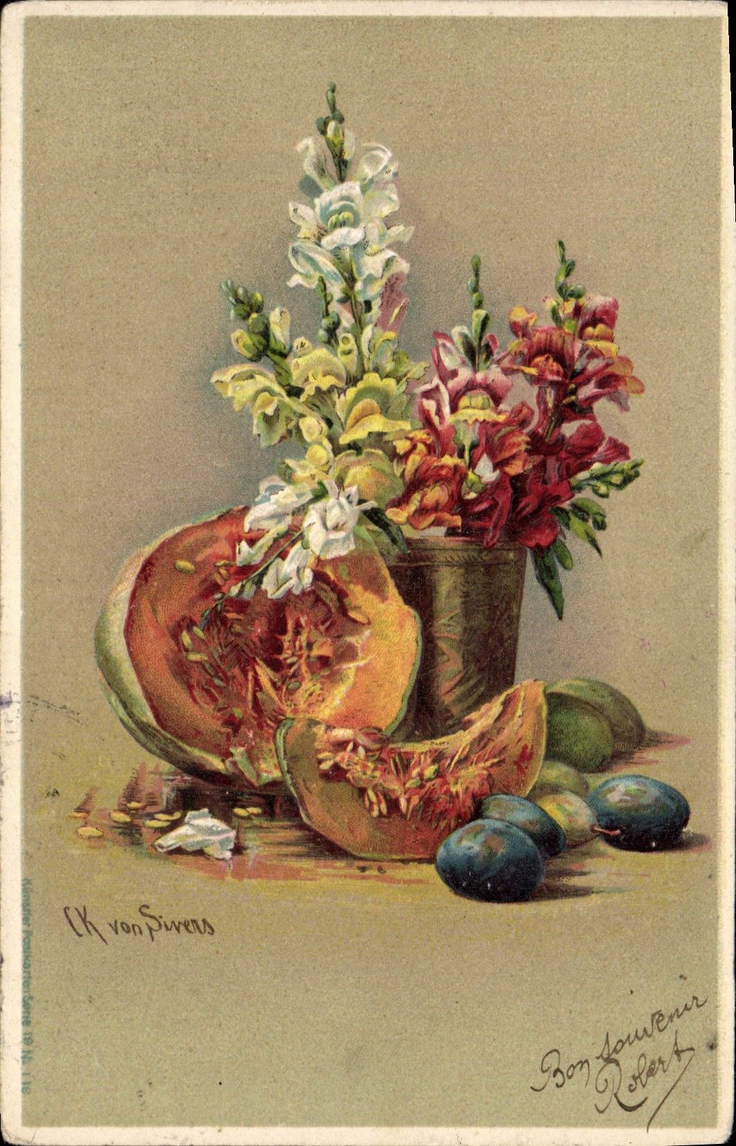Nature morte aux fleurs et melon — CK von Sivers — éditeur non visible