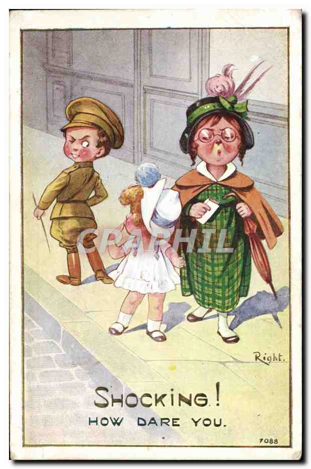 Enfant en uniforme et femme surprise — 'SHOCKING! HOW DARE YOU.' — Right, n° 7088