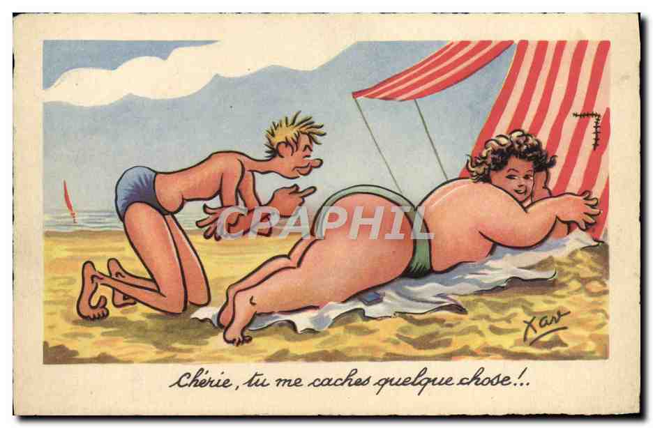 Bain à la plage — caricature d'un homme surpris par une femme — Xan, n°7