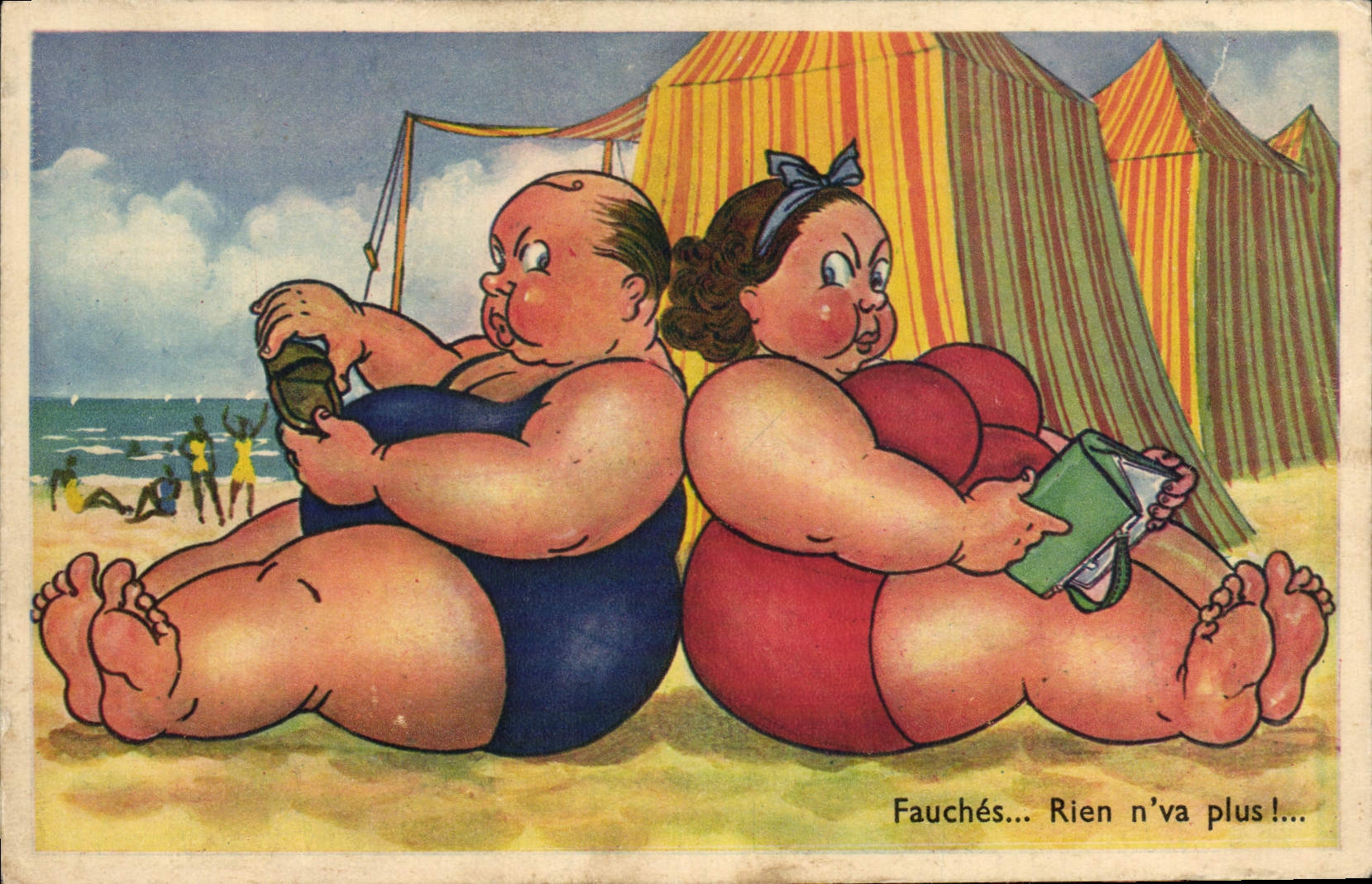 Deux gros bonhommes à la plage — Fauchés... Rien n'va plus !... — G. Arraud, Nantes