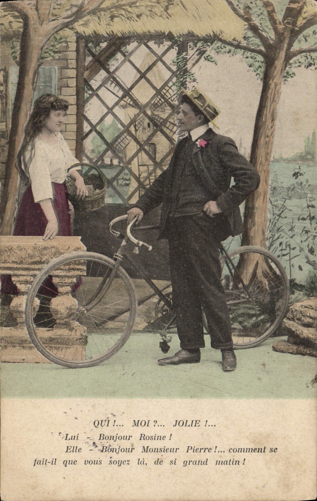 Jeune couple à vélo — scène de rencontre humoristique — éditeur non visible
